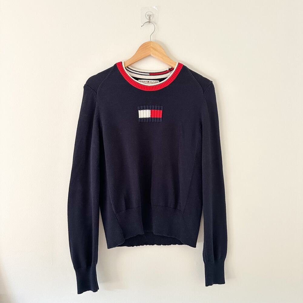 Tommy Hilfiger Embroidered Flag Crew Neck  Knit Pullover Sweater Navy L